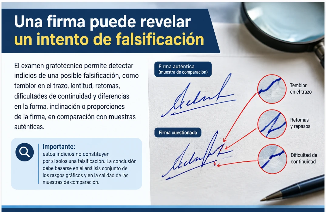 Infografía sobre signos que pueden indicar una posible falsificación de firma